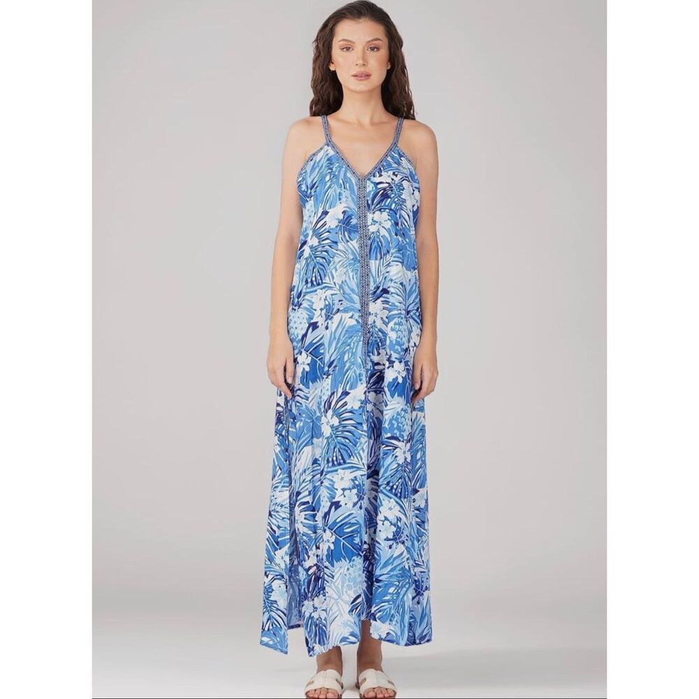 America & Beyond Sleeveless Tropical Print Maxi Cover Up Dress in Blue Leaf Size